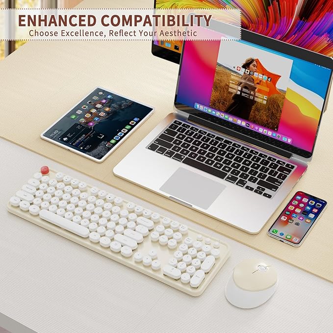 HotFox Wireless Keyboard and Mouse Combo, Full-Size Retro Typewriter Keyboard with Round Keycaps, Ergonomic Design for Windows PC, Home and Office Use - Cream