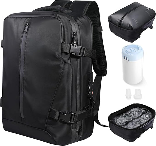Vacuum Backpack Travel,60L Exapandable Air Compression System,Water Resistant & TSA Anti Theft,Strong Sealing,Available for boarding, Ideal for Travel/Laptop, Black(Vacuum Pump Included)