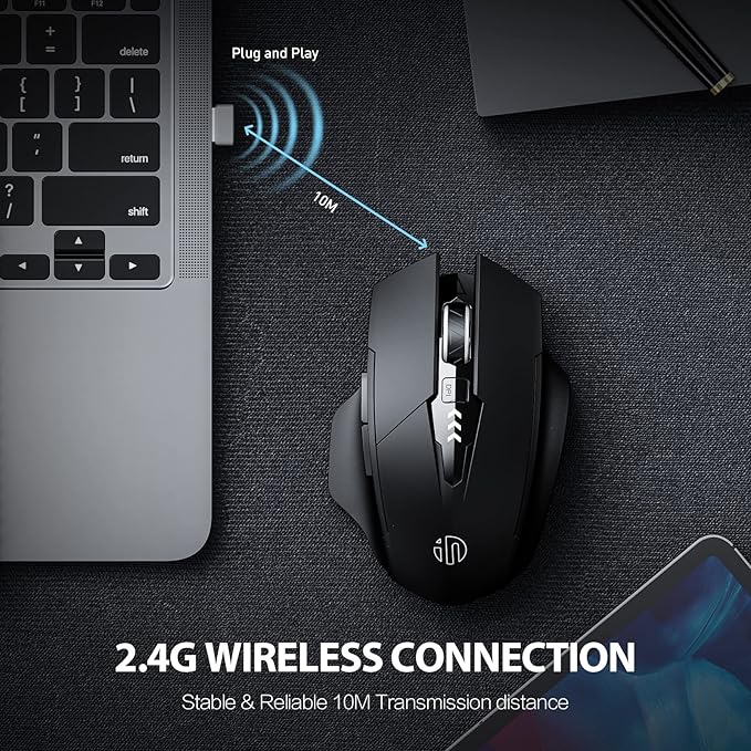 INPHIC Wireless Mouse Rechargeable, Battery Visible, 2400 DPI, 6 Buttons, Ergonomic Large Mouse for Laptop, Computer, Mac, PC etc.