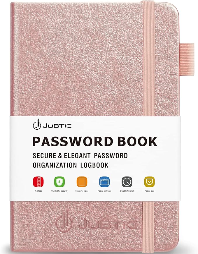 JUBTIC Password Book with Alphabetical Tabs, Small Size Internet Address & Password Keeper Logbook, Password Notebook Journal for Computer & Website Logins, Rose Gold