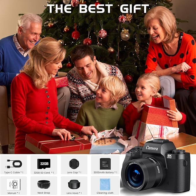 8K Digital Camera for Photography, WiFi Touchscreen Vlogging Cameras for YouTube with Autofocus,16X Digital Zoom Video Camera with 3000mAh Battery, Dual-Lens, Lens Hood, 32GB TF Card,Black