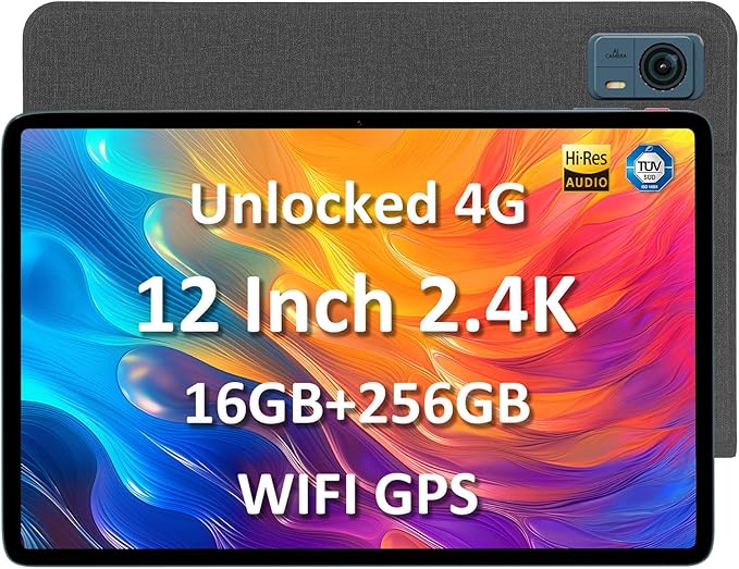 Android Tablet with SIM Card Slot Unlocked, 12 in Large Tablets, 16GB RAM+256GB ROM, 4G LET Cellular Tablet, WiFi BT5.0 GPS Octa-Core, 8000mAh, Dual Camera, Supports Telephone Functions