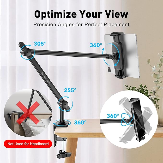 AboveTEK Tablet Stand Holder for Desk & Bed, Aluminum iPad Holder Arm with 360° Rotating Clamp, Adjustable Phone Stand Compatible with 4.7"-13.5" iPad Pro/Air/Mini, iPhone, Galaxy Tab- Black