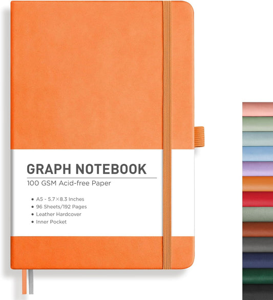 RETTACY Graph Grid Paper Notebook, 192 Pages, A5 Medium Size (5.7'' x 8.3''), 5 Squares per Inch, Leather Hardcover, 100 GSM Thick Paper, for School, Students, Math, Engineering (Orange)
