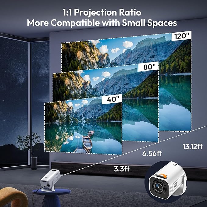 Mini Smart Projector LUXVYN V1 Portable Projector with WiFi and Bluetooth 200 ANSI 4K Support HD Resolution, Auto Keystone Correction Video Projector, 180° Rotatable Stand for Home Movie Pure white