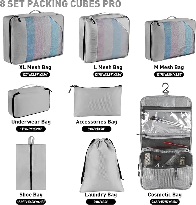 8-Piece Packing Cubes for Travel, Mesh Luggage Organizers with Shoe Bag, Toiletry Bag, Laundry Pouches, 4 Sizes (XL/L/M/S) for Suitcase Organization, Men Women Kids, Gray