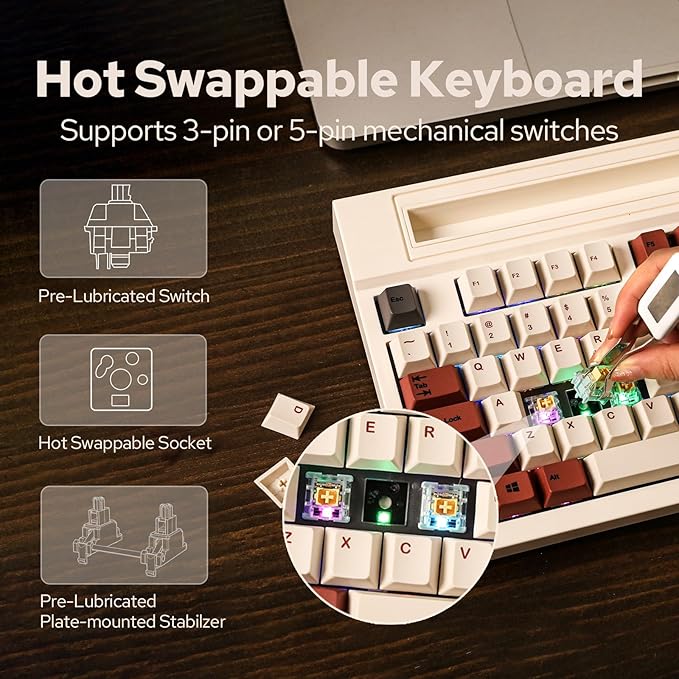 EPOMAKER DynaTab75 Wireless Gaming Keyboard with Slot for iPad Tablet, Hot-swap Gasket Mechanical Keyboard, 2.4G/USB-C/BT5.0 Creamy Keyboard, RGB, Fast Charge (Retro Red, Wisteria Linear)