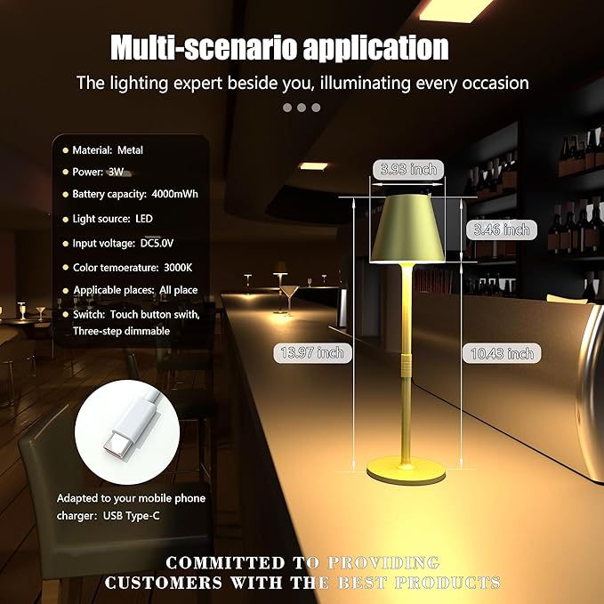 LED CordlessTable Lamp,4000mAh Rechargeable Battery Desk lamp,3 Level Brightness Night Light, Simple Design, for Couple Dinner/Coffee Table/Restaurant/Bedroom(Champagne Gold 4Pack)