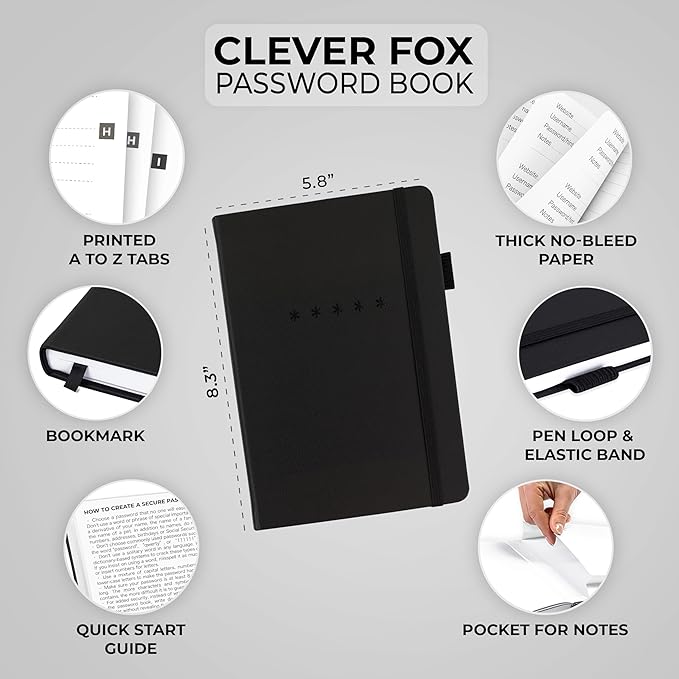 Clever Fox Password Book – Alphabetized Internet Address & Password Organizer – Computer & Website Password Keeper Notebook – Log-In Password Journal - Medium, A5, 8.3x5.8″, Hardcover (Black)