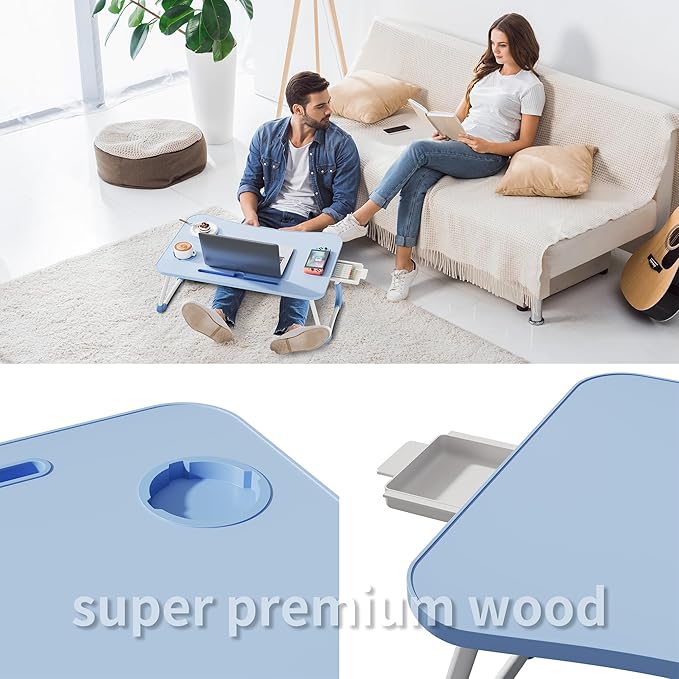 Lap Desk Bed Trays for Eating and Laptops Breakfast in Bed Tray for Sofa/Couch/Study/Reading/Writing with Cup Holder/Drawer On Low Sitting Floor Large Portable Foldable (Blue)