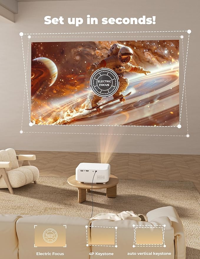 Projector with WiFi and Bluetooth [for Netflix & 600+ Native Apps & 800 ANSI] Outdoor-Projector: Electric Focus & 4P Keystone, Lisowod L02 1080P Portable-Mini-Movie-Projector with Whale TV