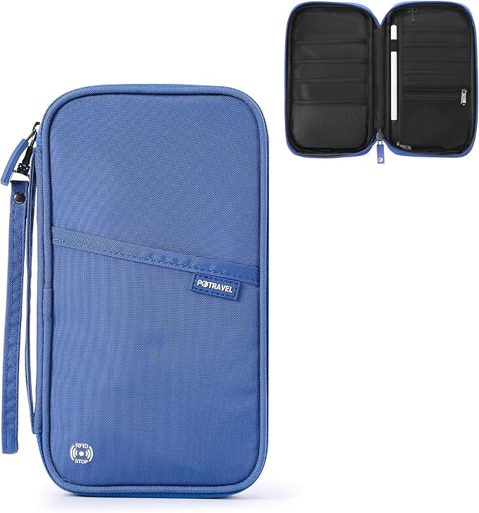 Travel Passport Holder, Large Family Passport Walle for Men Women RFID Passport Cover Lightweight Portable Document Organizer with Wrist Strap (Blue)