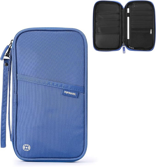 Travel Passport Holder, Large Family Passport Walle for Men Women RFID Passport Cover Lightweight Portable Document Organizer with Wrist Strap (Blue)