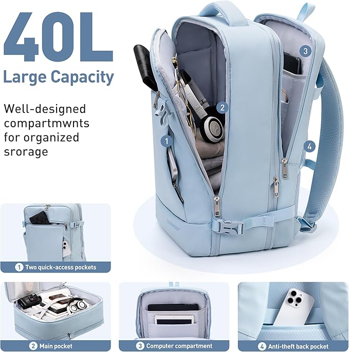 SHOWKOO Travel Backpack For Man Women, Airline Approved Carry On Laptop Backpack For Business, 40L Expandable Large Capacity Backpack, Blue