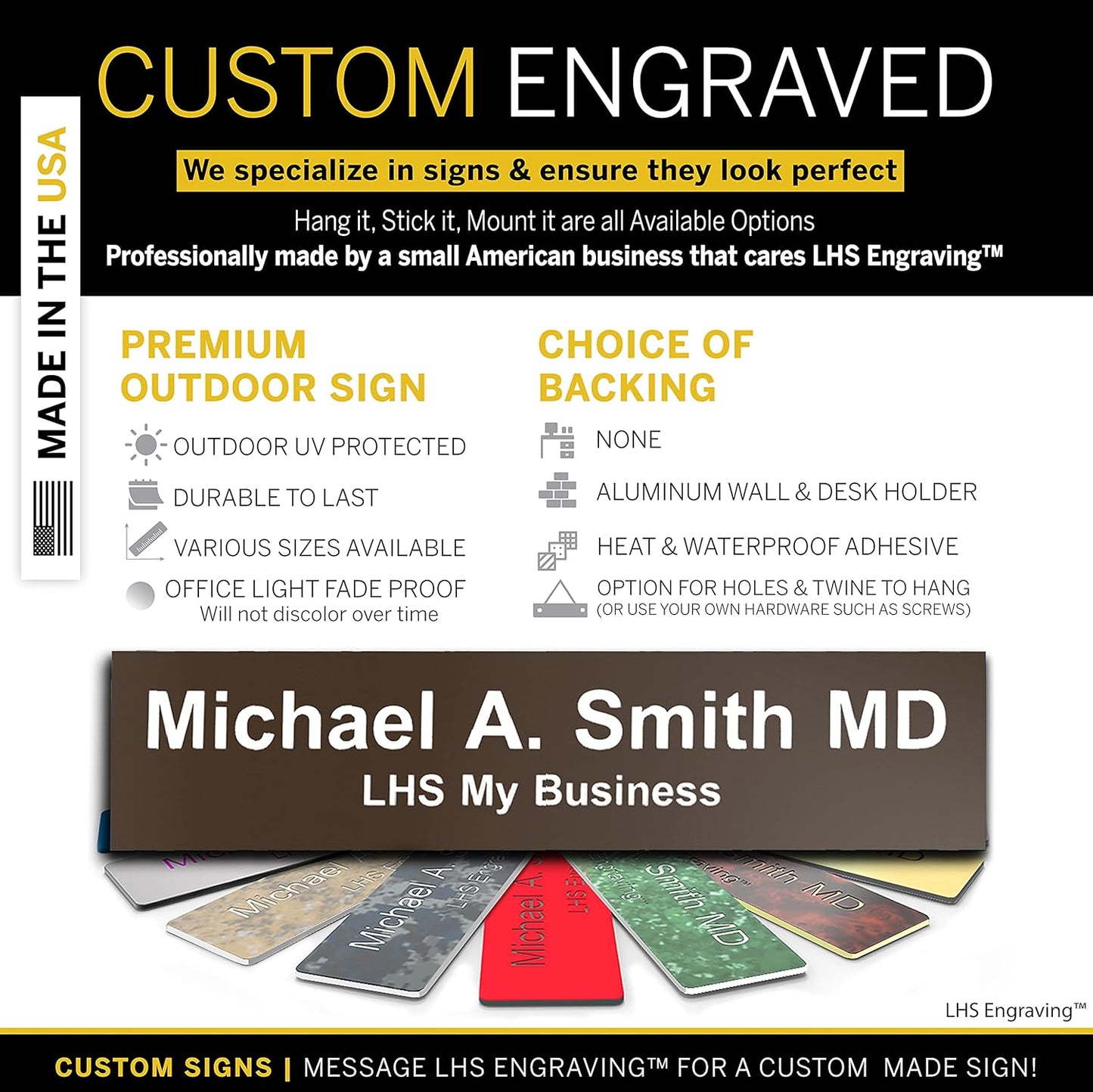 Door Name Plate Personalized for Office Brown Plastic Name Plate with White Letters - Made in USA 2x4 B25