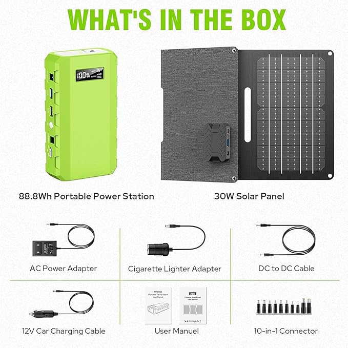 powkey 24000mAh/65W Solar Generator 30W with Panels Included, 88Wh Portable Power Station with AC Outlet, Lithium Battery Rechargeable Powered Bank with 110V AC Outlet for Emergency (Green+Black)