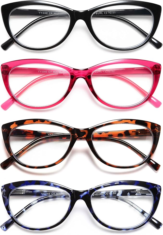 EYEURL 4 Pack Cat Eye Reading Glasses for Women, Blue Light Blocking Readers Lightweight Spring Hinge Anti Eyestrain UV Fashion Eyeglasses +2.00