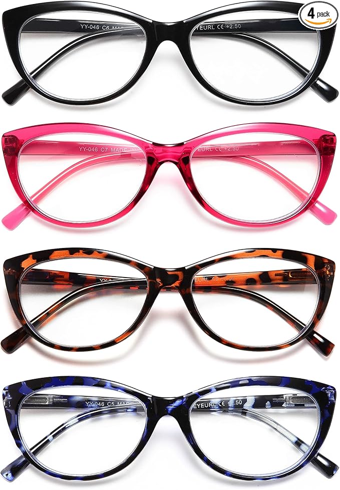 EYEURL 4 Pack Cat Eye Reading Glasses for Women, Blue Light Blocking Readers Lightweight Spring Hinge Anti Eyestrain UV Fashion Eyeglasses +1.50