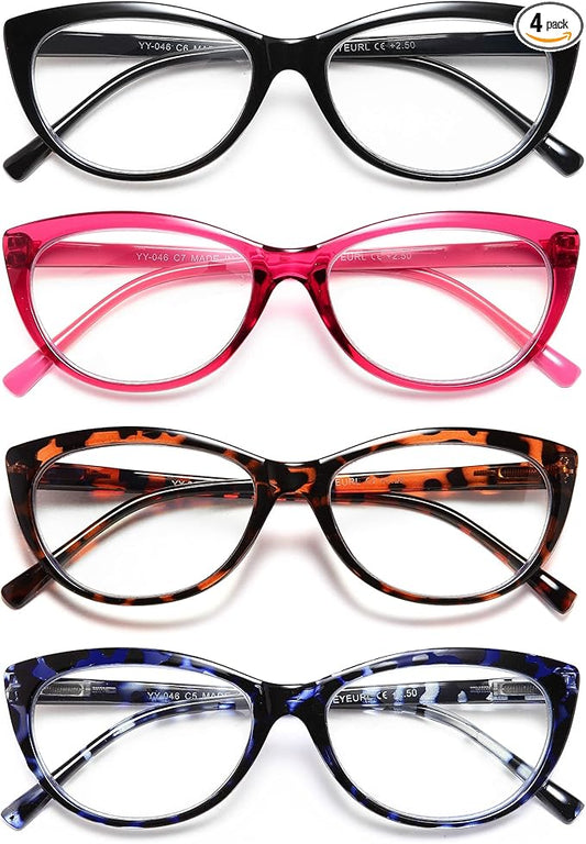 EYEURL 4 Pack Cat Eye Reading Glasses for Women, Blue Light Blocking Readers Lightweight Spring Hinge Anti Eyestrain UV Fashion Eyeglasses +1.50