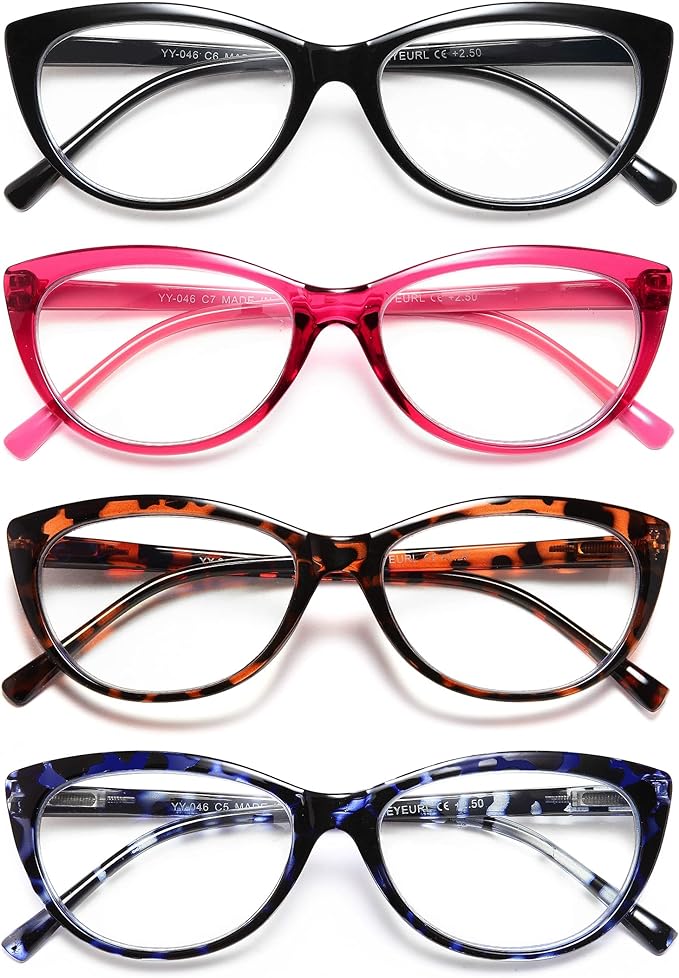 EYEURL 4 Pack Cat Eye Reading Glasses for Women, Blue Light Blocking Readers Lightweight Spring Hinge Anti Eyestrain UV Fashion Eyeglasses +0.75