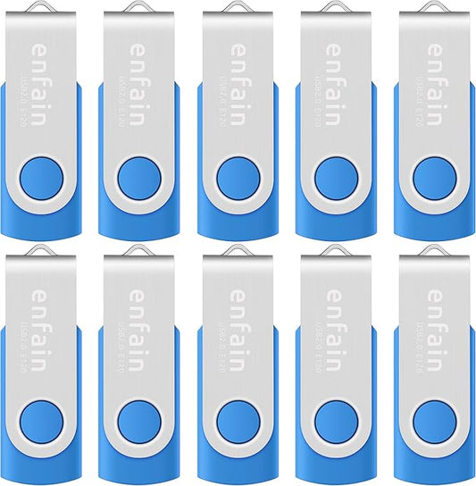 Elevate Your Data Storage with Enfain's 16GB USB 2.0 Flash Drives: 10 Pack of Stylish Blue Swivel Thumb Drives with LED Indicators and 12 White Labels for Easy Content Organization