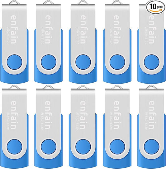 10-Pack 1GB USB 2.0 Flash Drives - Bulk Blue Thumb Drives for Data Storage, School, Office