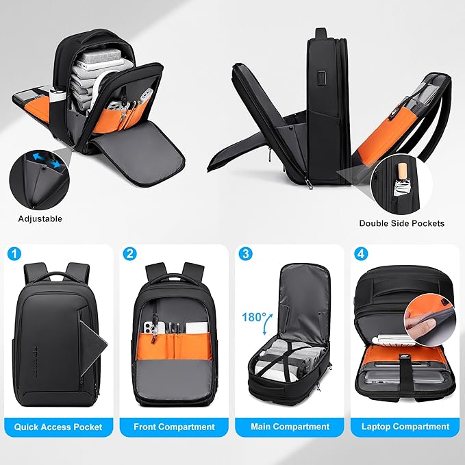 Business Travel Backpack for Men, Expandable Water Resistant 17 Inch Laptop Backpack with USB Port, Black Computer Backpack for College/Work