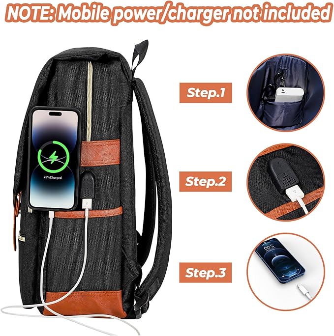 Ronyes Vintage Laptop Backpack for Women Men,15.6 inch Bookbag Casual Daypack with USB Charging Port for College Work, Black Backpacks