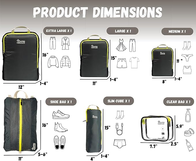 SUITEDNOMAD Ultralight Compression Packing Cubes Set, Suitcase and Backpack Travel Organizer Bags