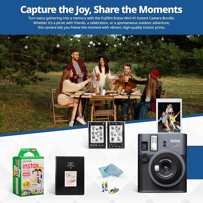 FUJIFILM Mini 41 Instant Film Camera Bundle – Instant Photo Camera with Fujifilm Mini Film (20 Sheets), Photo Album, Batteries, Cleaning Cloth & Accessories – Great Gift for Kids, Teens & Beginners