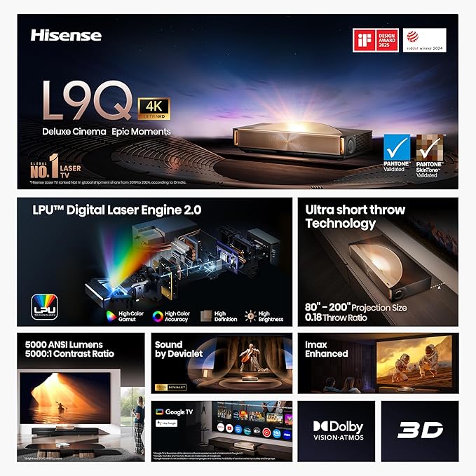 Hisense L9Q Ultra Short Throw Triple Laser Projector, 4K UHD, 5,000 ANSI Lumens, 5000:1 Contrast, 80” - 200”, Dolby Vision & Atmos, IMAX Enhanced, Google TV, Pantone Validated, Sound by Devialet