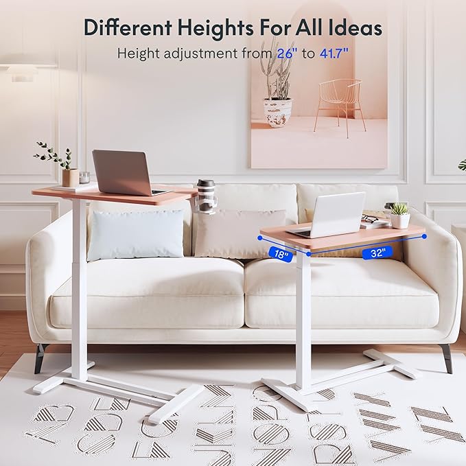 FLEXISPOT H7 Adjustable Overbed Bedside Table with Wheels Pneumatic Mobile Standing Desk Laptop Desk Rolling Computer Cart Movable Overbed Table Hospital Home Use(31.5" W x 17.7" D, Pink)