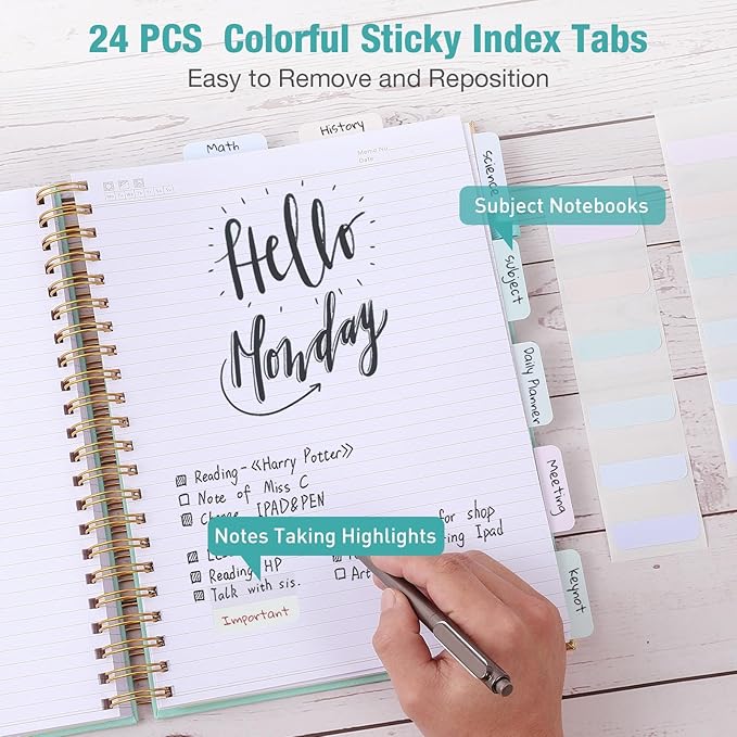 Spiral Notebook, College Ruled Notebook, 8" x 10", 300 Pages Leather Journals for Writing, B5 Hardcover Journaling Notebooks for Work School, 24pcs Tabs, Large Embossed Journal for Women Men, Black