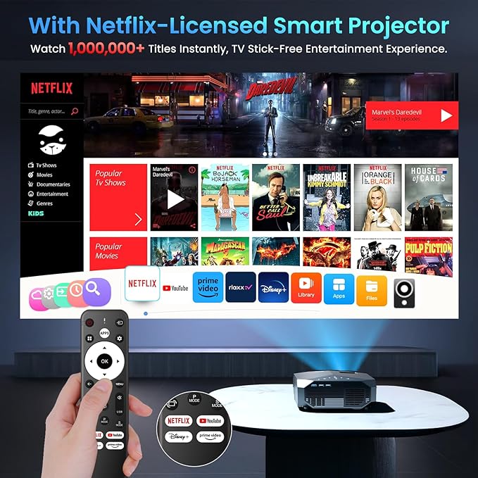 [Netflix Officially/High Brightness] Smart Projector with WiFi 6 and Bluetooth 5.3, 4K Outdoor Movie Projector with NETFLIX/Prime Video/YouTube, Portable Proyector Compatible with HDMI/USB/iOS/Android
