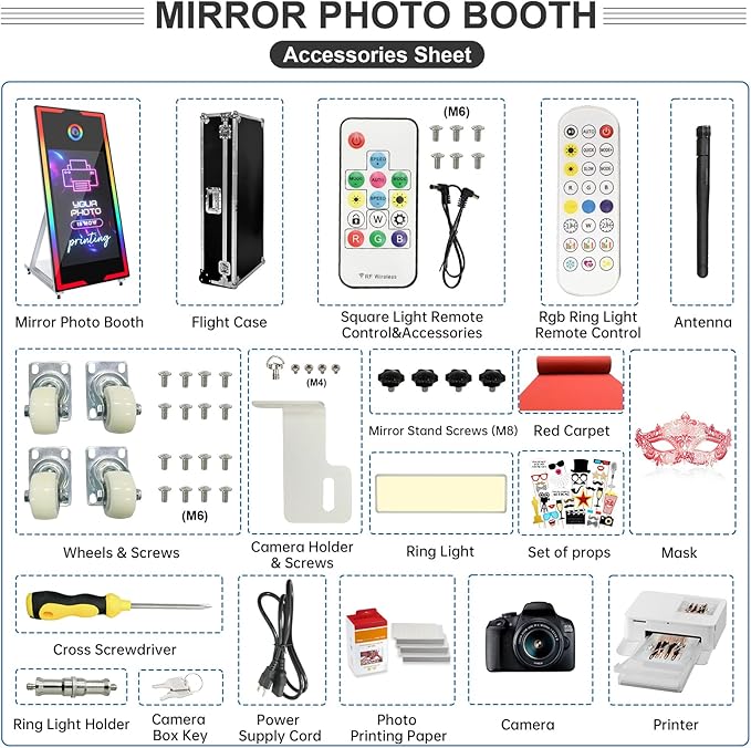Mirror Photo Booth with Camera and Printer, 65" Magic Mirror Photo Booth, 43" Touch Screen Built-in Mini PC with Instant Print and Sharing, Music Sync Control RGB Light (White, 65-43" Full Set)