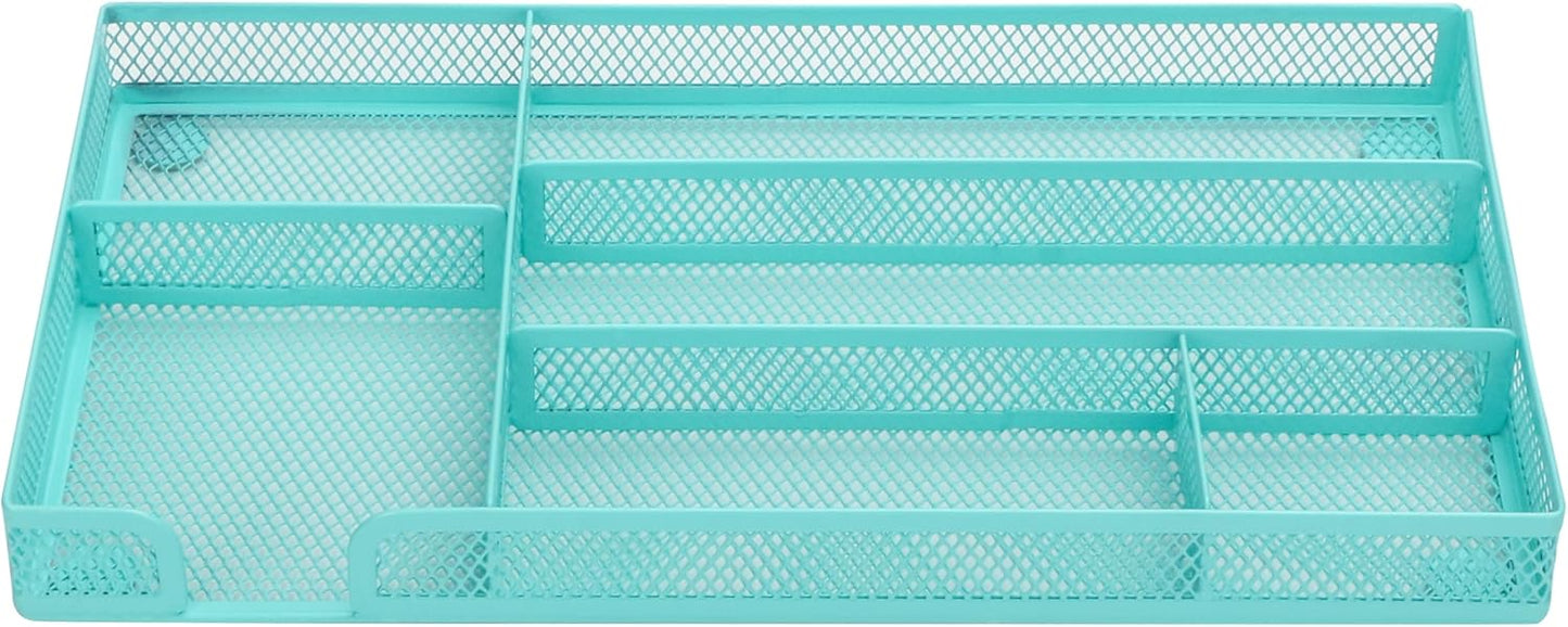Annova Desk Drawer Organizer Tray for Office Organization - Metal Mesh - Storage Tray with Dividers for Pens, Desktop Accessories, Bathroom, Kitchen, Makeup and Office Supplies (Small, Turquoise)