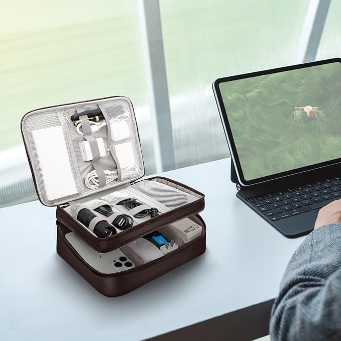 CILLA Electronic Organizer Travel Case, Travel Cord Organizer Case Portable Waterproof Cable Organizer Bag for Charger, Cord, USB, Power Bank, Earphone, 9817, Coffee