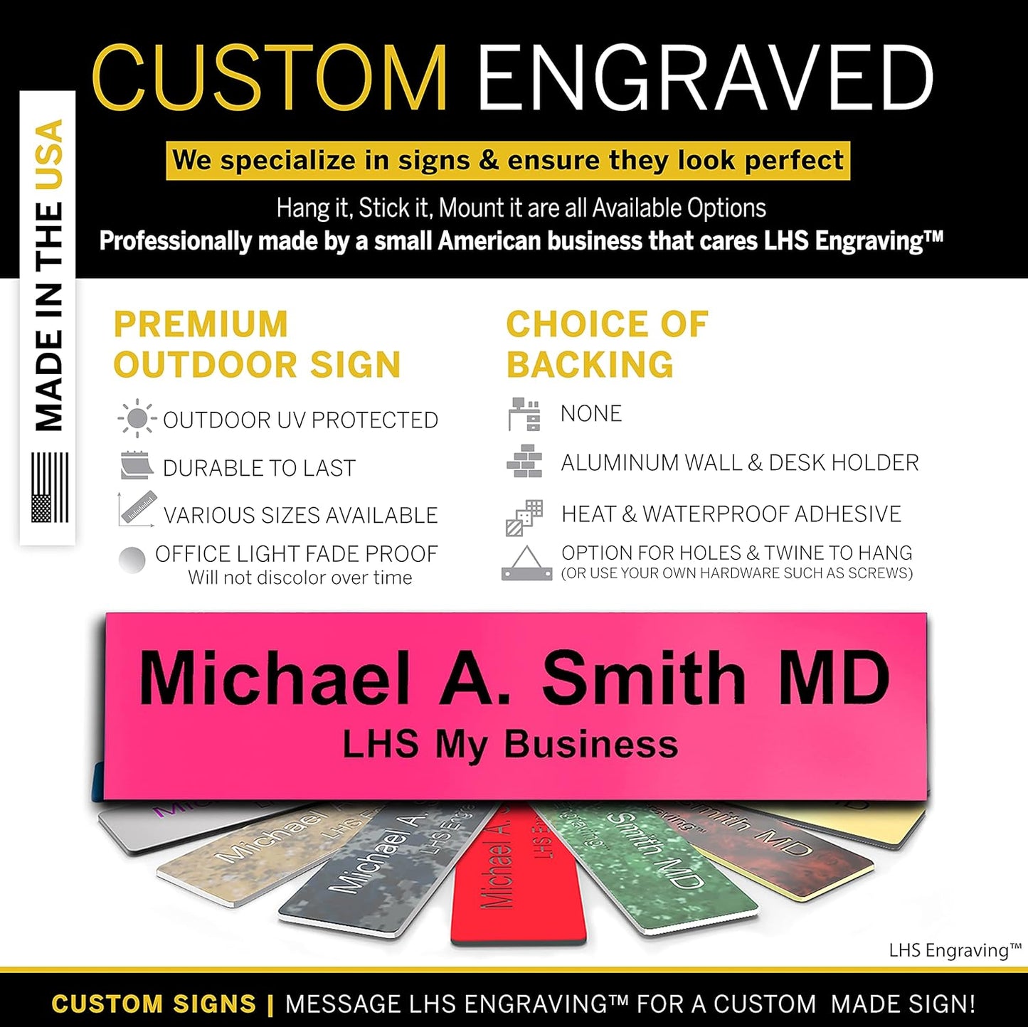 Door Name Plate Personalized for Office Pink Plastic Name Plate Black Letters - Made in USA 2x6 B12