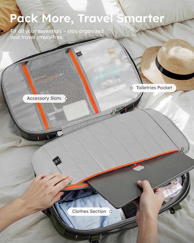 Tolaccea Travel Backpack, TSA Friendly Flight Approved Carry-on Luggage Water-resistant Business Rucksack, Durable Large Computer Bag Daypack Fits 15.6 Inch Laptop, 35-45L Expandable - Green