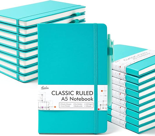 feela 18 Pack Journal Notebook for Work, Business Notebook Bulk Hardcover Lined Writing Journal with Pen Holder for Men Women Note Taking, with 18 Black Pens, 120 GSM, 5.1”x8.3”, A5, Emerald