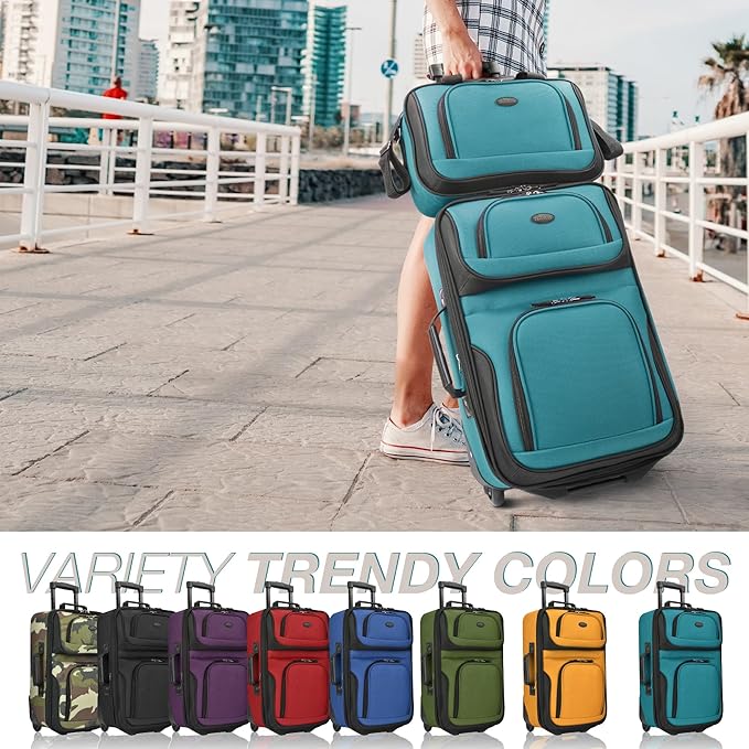 U.S. Traveler Rio Fabric Expandable Carry-on Luggage, Rolling Suitcase, Teal, 2 Wheel Set