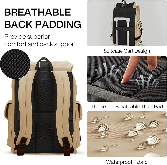 mixi Travel Laptop Backpack for Women & Men, Carry On Backpack fits 16'' Laptop Waterproof Rucksack,17 Inch, Mocha Brown