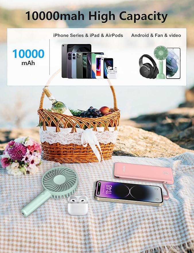 miisso 10000mAh Slim Portable Charger with Built in Cable, Power Bank Travel Charger External Battery Pack for Phone, 4 Output USB Type C Cord Clutch Charger Compatible with iPhone, Light Pink‌