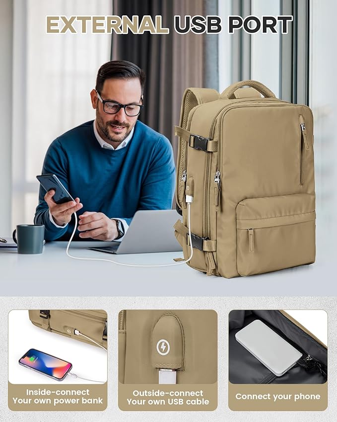 Vacuum Travel Backpack with Pump for Women,Personal Item Carry on Backpacks Flight Approved 18x14x8 inches for Men,Laptop Waterproof Work Compression bags Casual Daypack Khaki