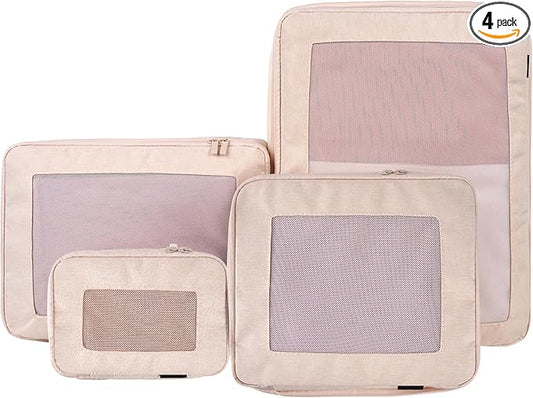 4-Set Compression Packing Cubes for Travel, Recycled Cotton Luggage Organizers, Space-Saving Suitcase Organizers, with Mesh, Travel Essentials(Beige)