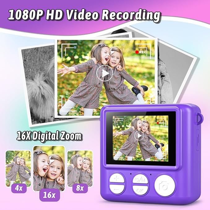 Kids Camera Instant Print, Christmas Birthday Gifts for Girls Boys Age 3-12，HD Selfie Kids Digital Camera, Portable Travel Toy for 3 4 5 6 7 8 9 10 Year Old Girls (Purple)