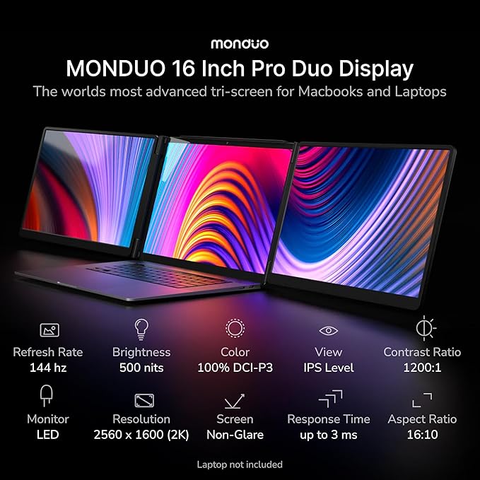 16" Pro Triple Laptop Screen Extender, Dual 16" 2k Portable Monitors, 144Hz, 100% DCI-P3, Compatible with 16" MacBook Pro M1, M2, M3, M4 & Windows Laptops, for Gaming, Creators, & Professional