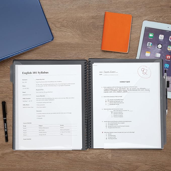 Samsill Deluxe 24 Pocket Spiral Project Organizer with Refillable Notepad Holder, Customizable Front Cover, 12 Dividers with Erasable Write-On Tabs in Gray, Plastic Folders with Pockets