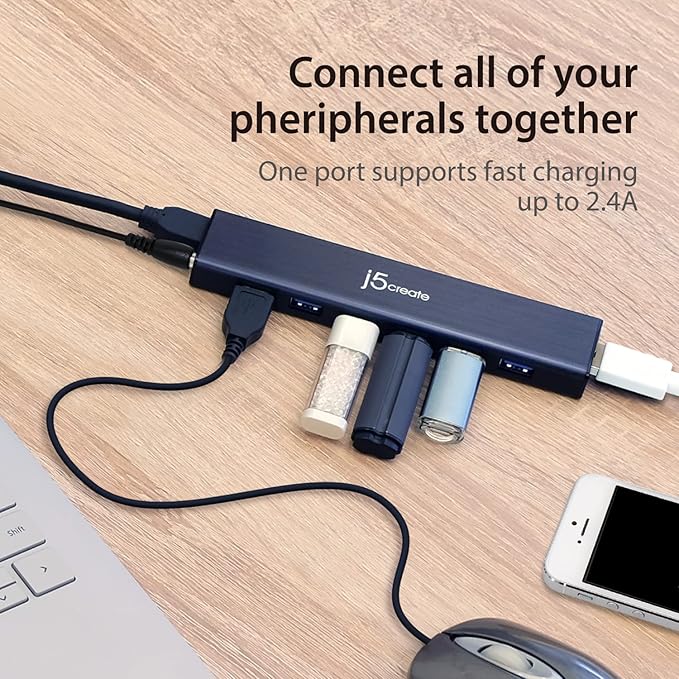 j5create 7-Port Powered USB 3.0 Data Hub with 3.3 ft Extended Cable [20W Power Adapter Included] for Mac, MacBook, Windows, Laptop, Surface, XPS, PC (JUH377)