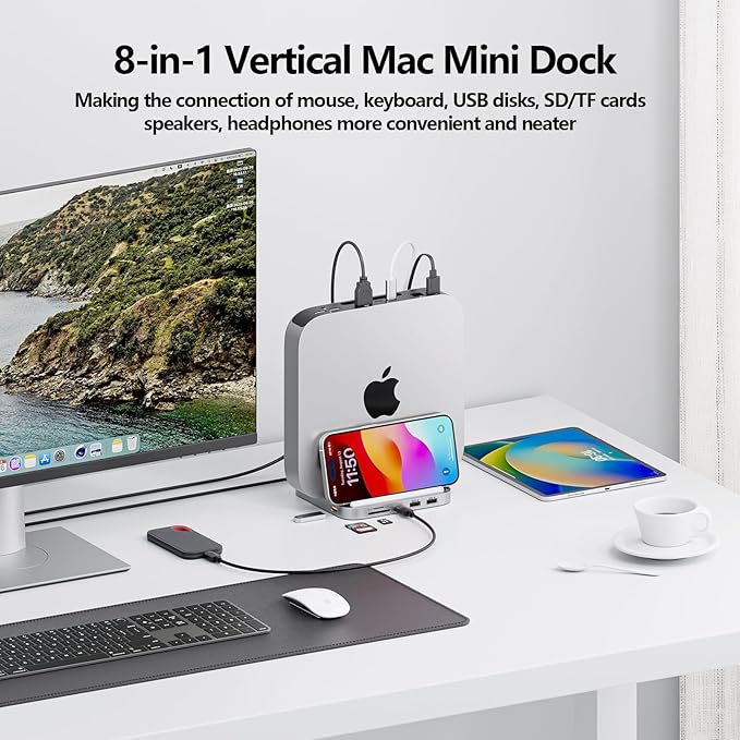 Mac mini Hub M1 M2 with M.2 SSD Enclosure (NOT for M4 2024), 8-in-1 Vertical Mac mini Dock Stand with USB A/C 3.2 10Gbps, 2 x USB A 2.0, SD/TF Slots, 3.5mm Audio Mic Jack
